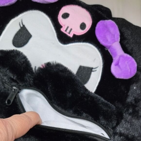 Hello Kitty Backpack Kuromi Embroidered Plush Furry Black 15" Book Bag Sanrio - Picture 10 of 14
